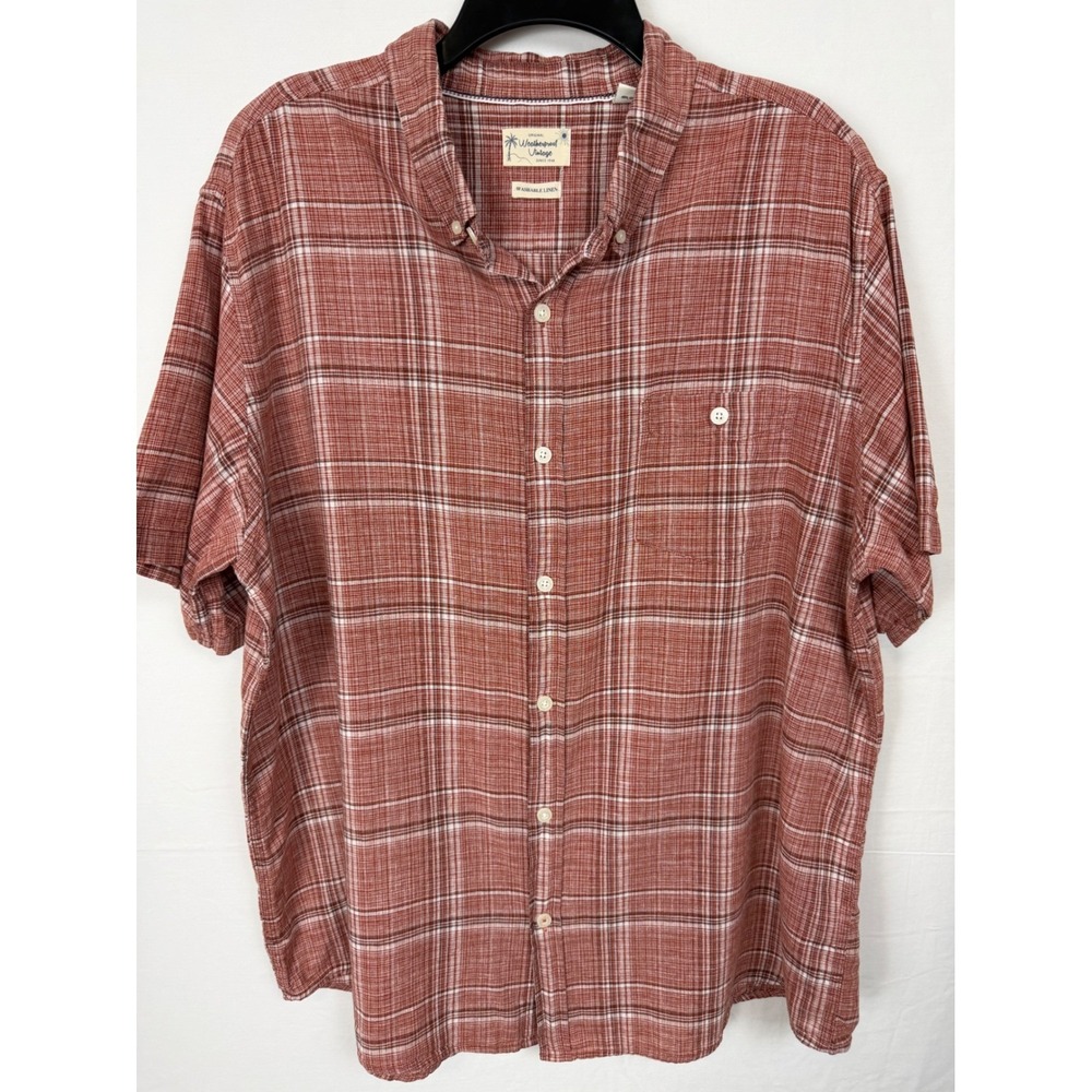 Weatherproof Men's XXL Vintage Red/Rust Plaid Shirt Linen Blend Short Sleeve